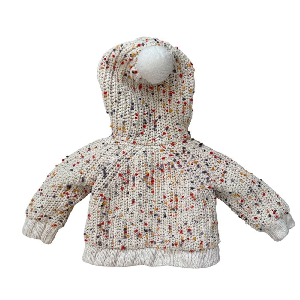 Hanna Andersson Confetti Knit Hooded Sweater Jacket Pom Pom Cream 6-12 Months - Picture 2 of 4